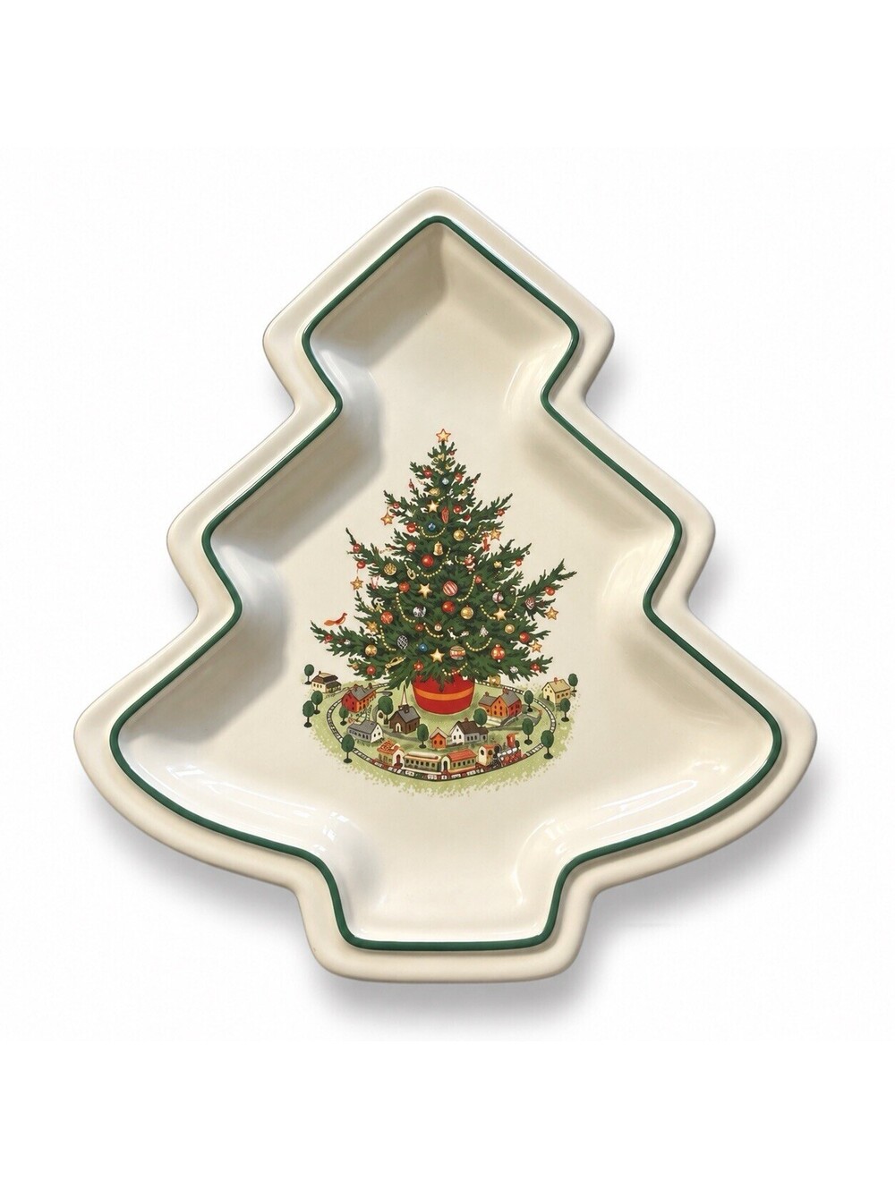 Pfaltzgraff Christmas Heritage Tree Shaped Serving Dish Train Village USA